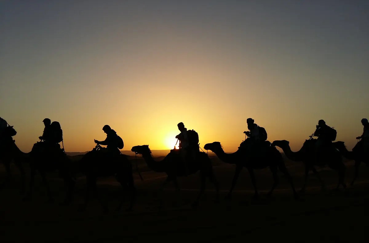 Camel caravan crossing the Erg Chebbi dunes at sunset near Merzouga