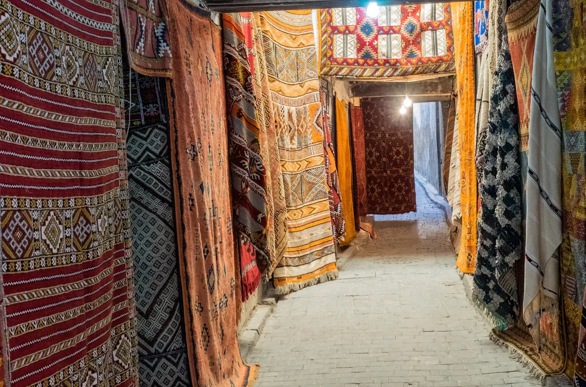 Woven blankets hung outside a Rif workshop
