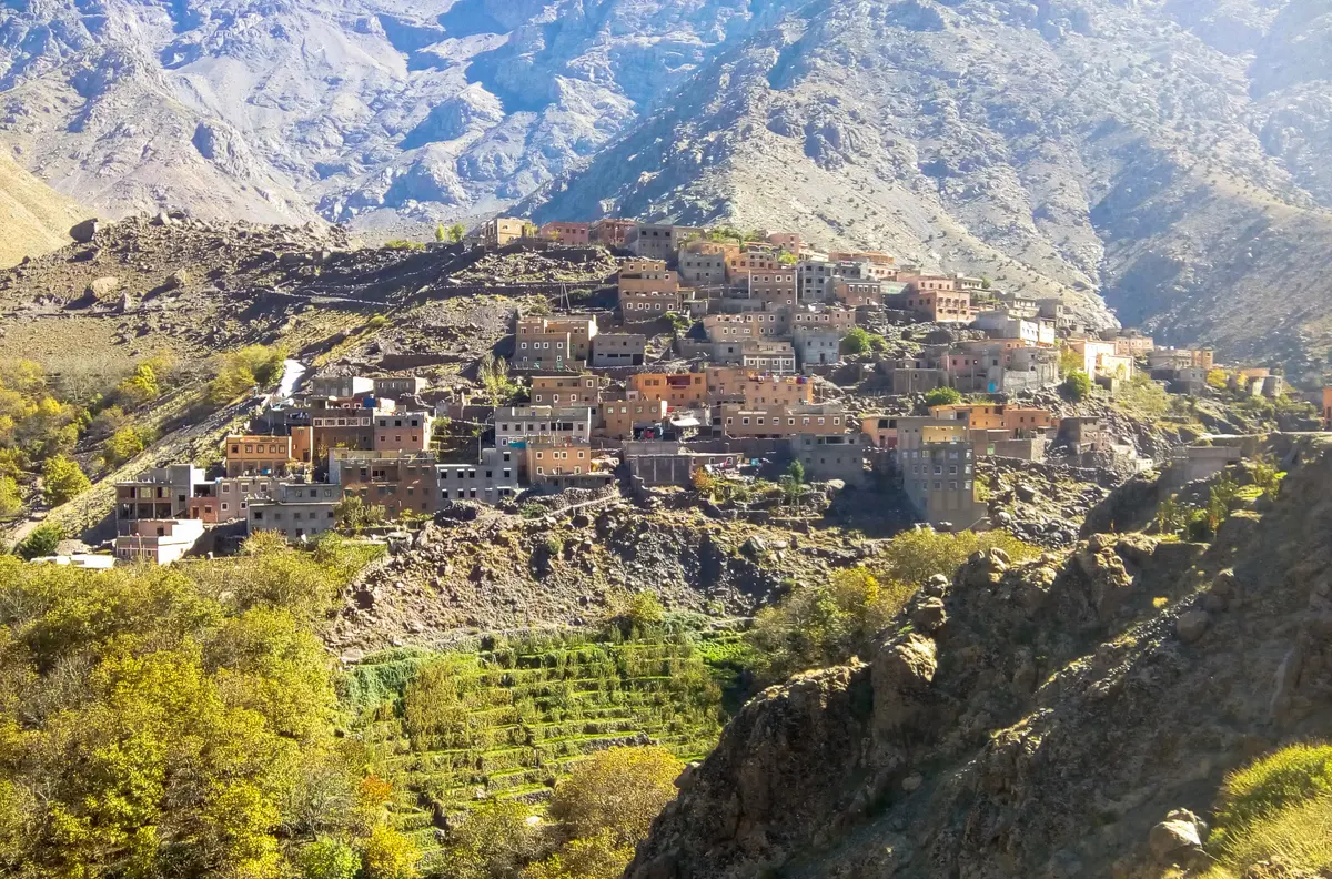 The village of Imlil below the High Atlas peaks